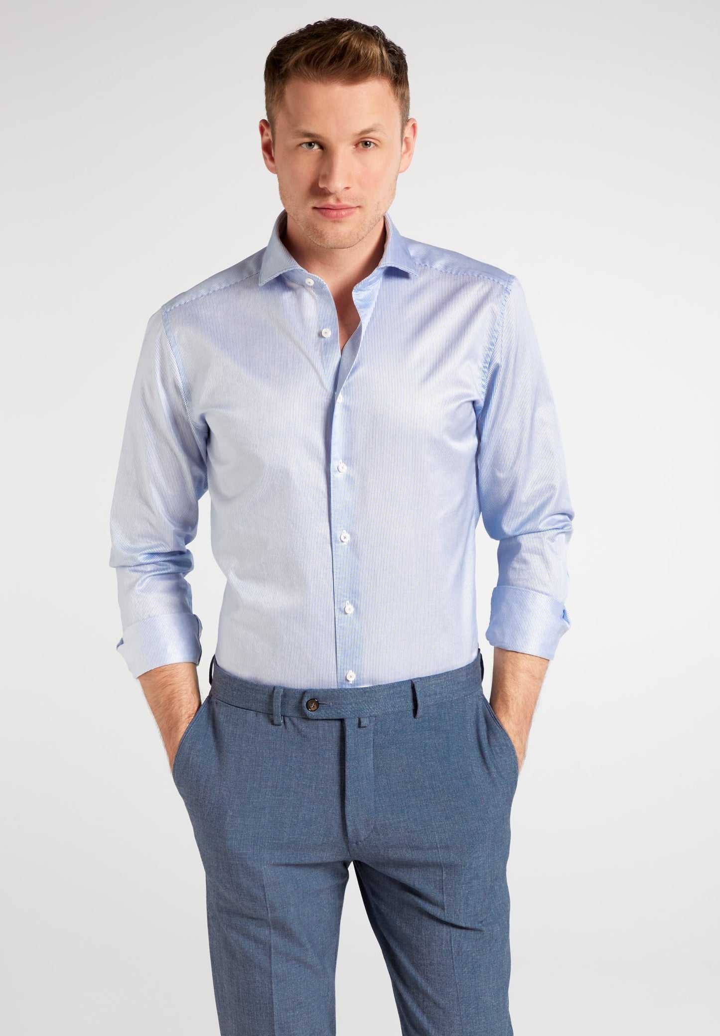 1863 BY ETERNA LANGARM HEMD SLIM FIT SOFT TAILORING STREIFEN TWILL WEISS/BLAU