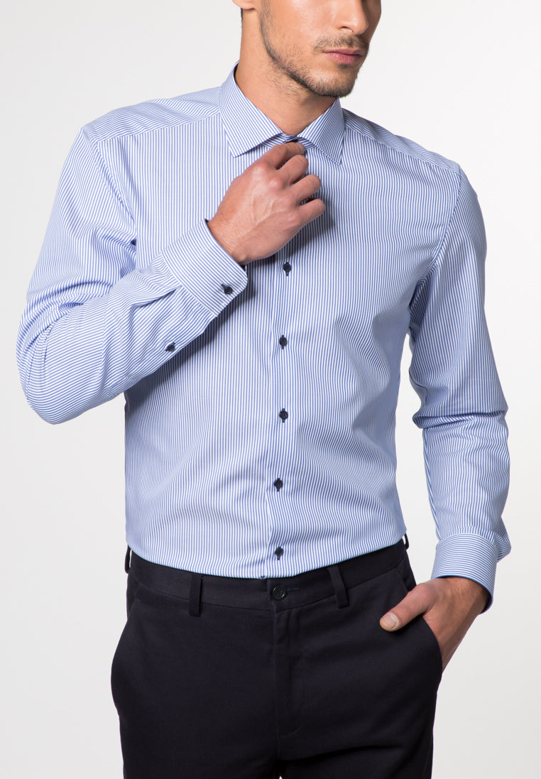 ETERNA LANGARM HEMD SLIM FIT STREIFEN TWILL BLAU/WEISS MIT PATCHUNG