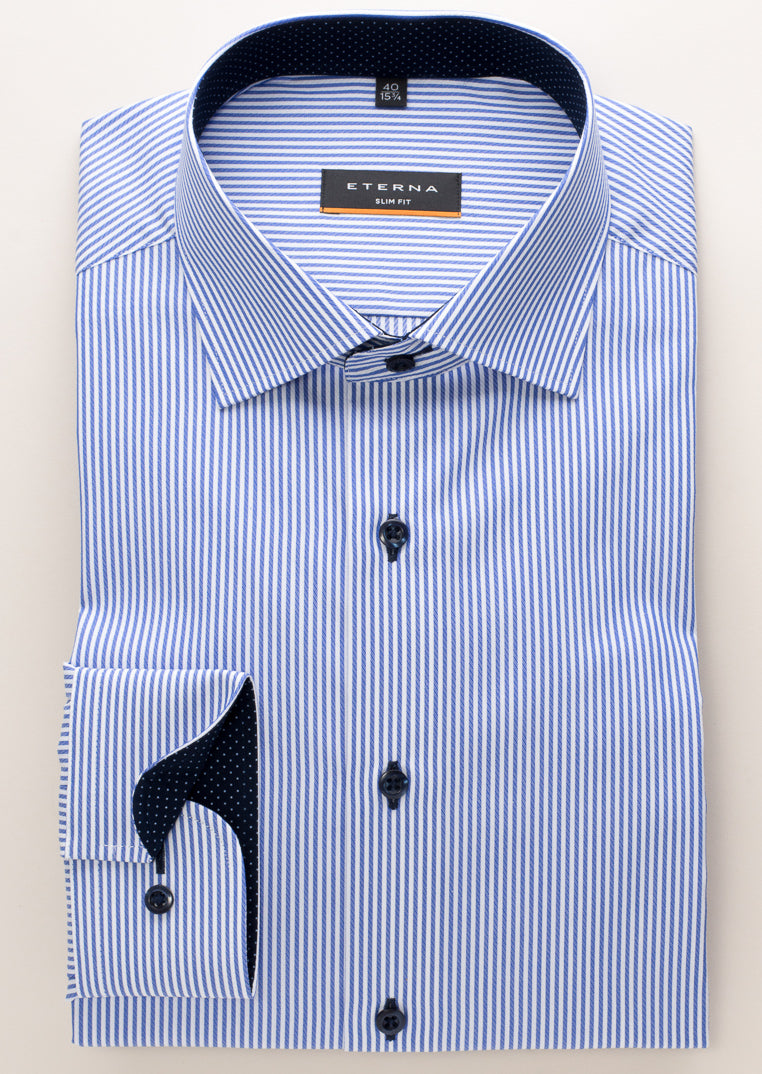 ETERNA LANGARM HEMD SLIM FIT STREIFEN TWILL BLAU/WEISS MIT PATCHUNG