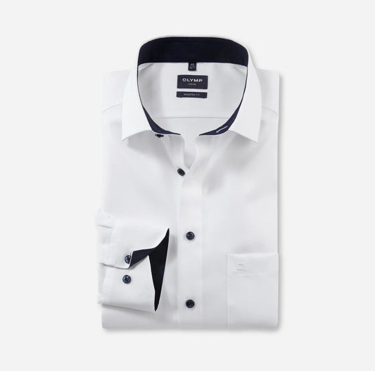 OLYMP NATTÉ LANGARM HEMD MODERN FIT WEISS MIT PATCHUNG