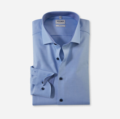OLYMP LEVEL FIVE BODY FIT FAUX UNI LANGARM HEMD BLEU MIT PATCHUNG