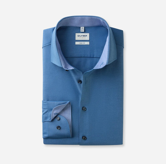OLYMP LEVEL FIVE BODY FIT FAUX UNI LANGARM HEMD BLAU MIT PATCHUNG