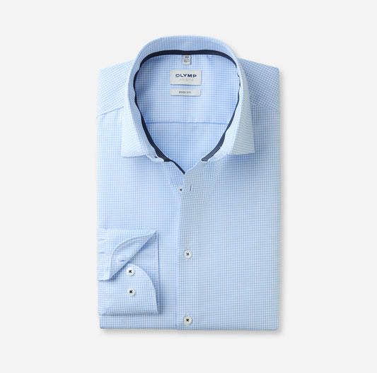 OLYMP LEVEL FIVE BODY FIT TWILL LANGARM HEMD HELLBLAU KARIERT