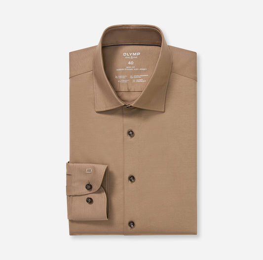 OLYMP LEVEL FIVE BODY FIT FLEX JERSEY LANGARM HEMD TAUPE