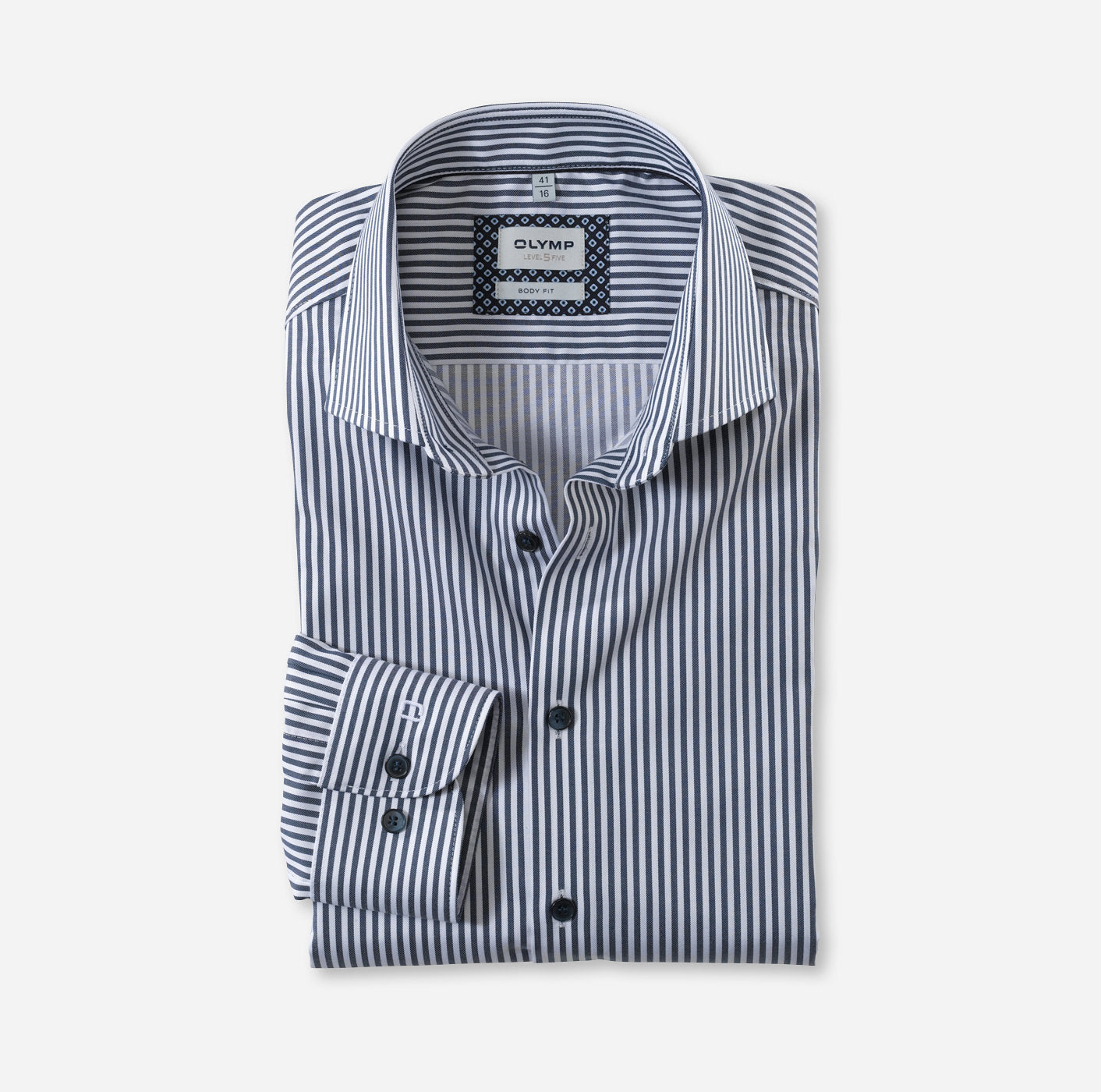 OLYMP LEVEL FIVE BODY FIT TWILL LANGARM HEMD MARINE GESTREIFT