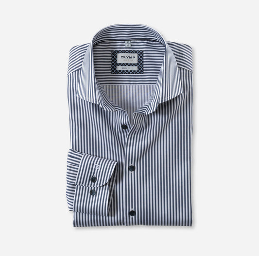 OLYMP LEVEL FIVE BODY FIT TWILL LANGARM HEMD MARINE GESTREIFT