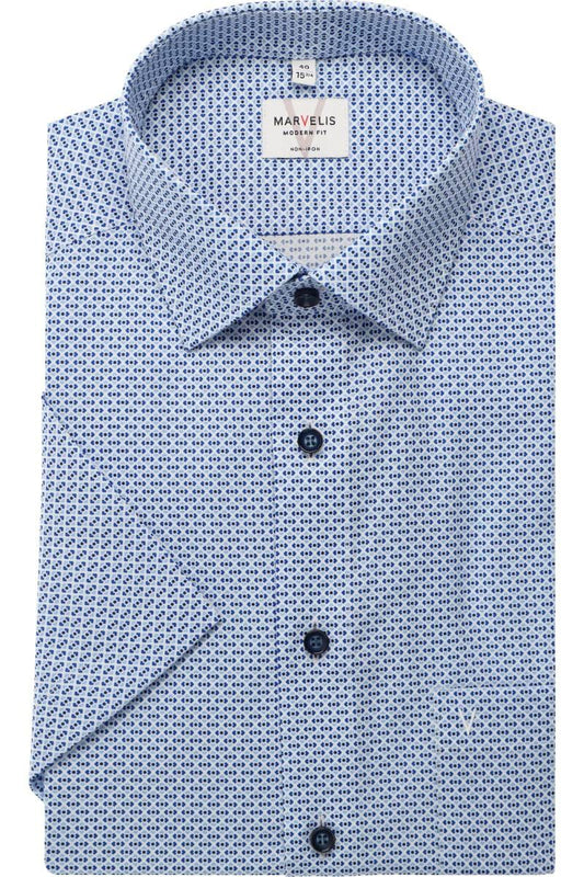 MARVELIS KURZARM HEMD MODERN FIT HELLBLAU GEMUSTERT