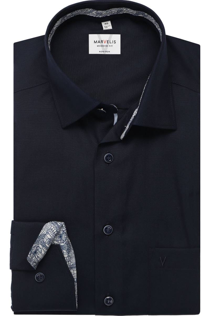 MARVELIS LANGARM HEMD MODERN FIT DUNKELBLAU MIT PATCHUNG