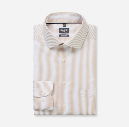 OLYMP LUXOR MODERN FIT TWILL LANGARM HEMD BEIGE GESTREIFT