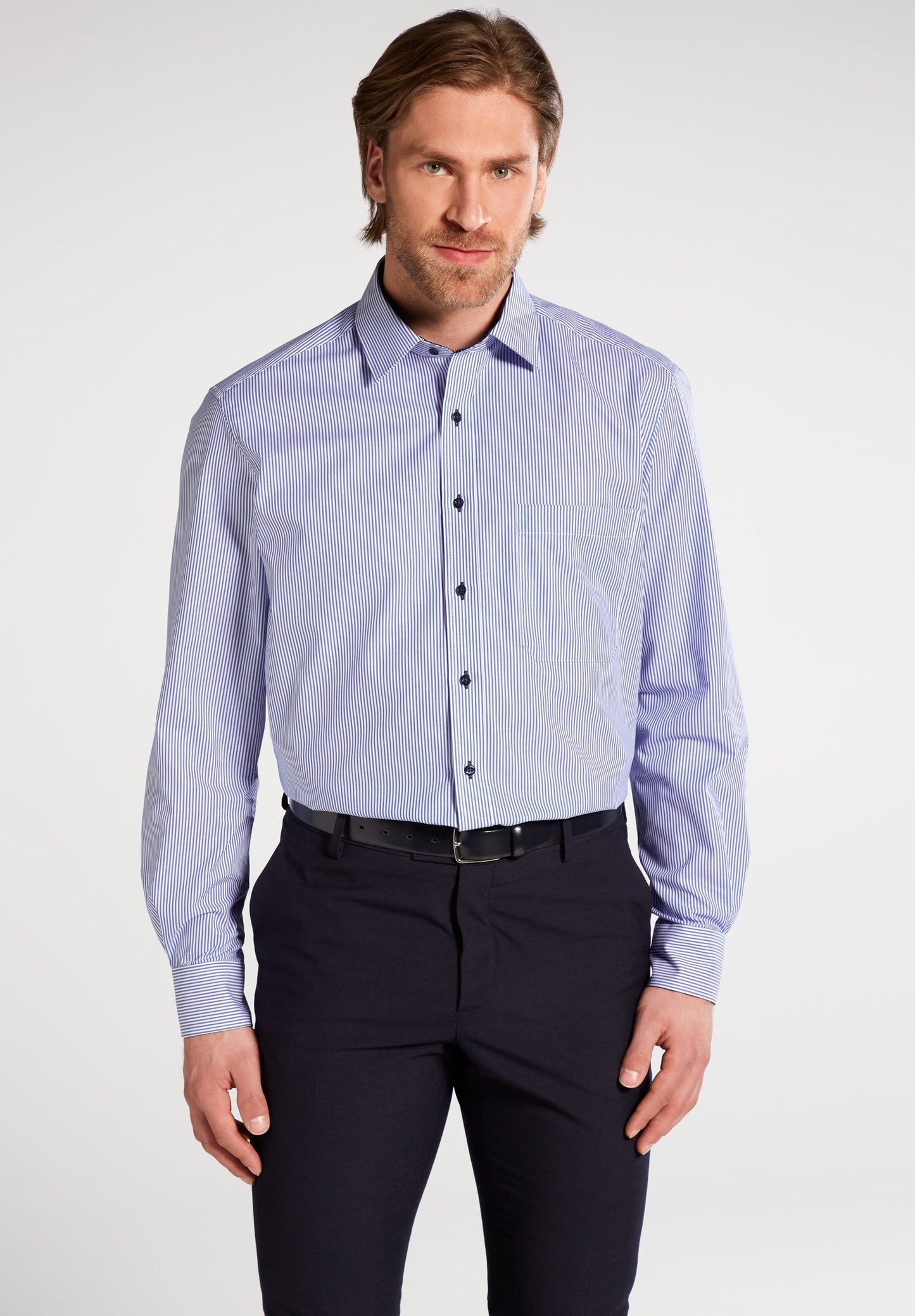 ETERNA LANGARM HEMD COMFORT FIT STREIFEN TWILL BLAU/WEISS MIT PATCHUNG