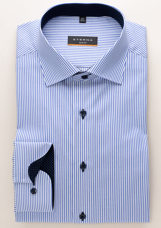 ETERNA LANGARM HEMD SLIM FIT STREIFEN TWILL BLAU/WEISS MIT PATCHUNG
